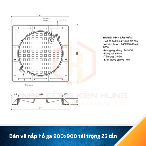 Bản vẽ nắp hố ga 900x900 tải trọng 25 tấn