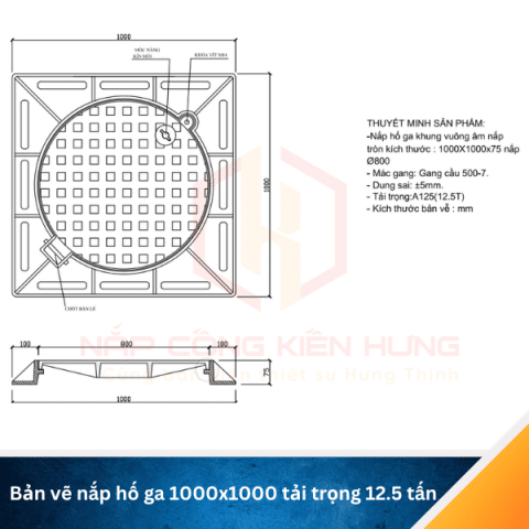 Nắp hố ga gang cầu 1000×1000 khung âm