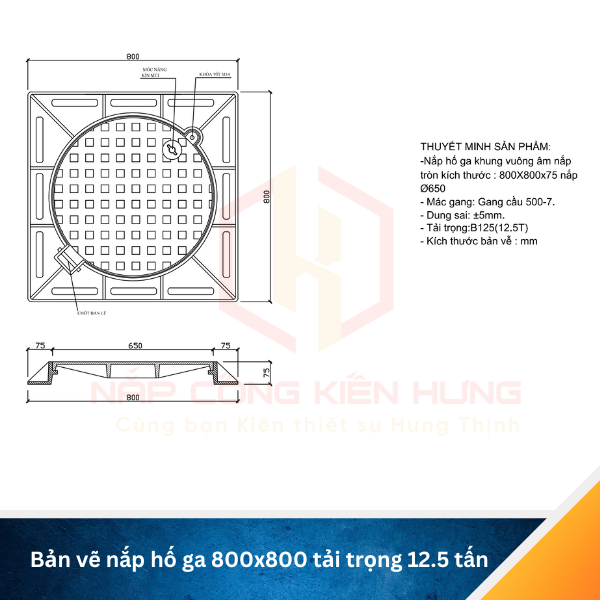 Bản vẽ nắp hố ga gang 800x800 khung âm tải 12.5 tấn