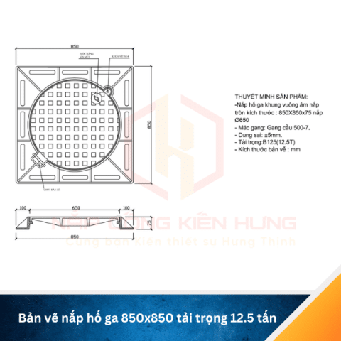 Nắp Hố Ga Gang Cầu 850×850 khung âm