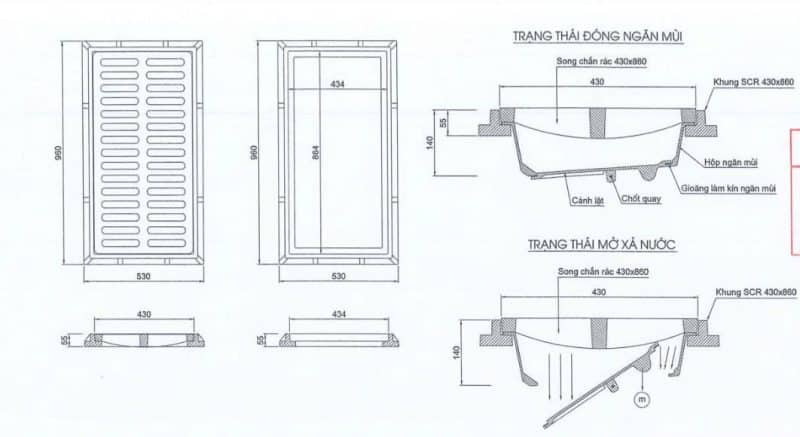 Song chắn rác ngăn mùi Composite KT 960x530 2 bản vẽ song chắn rác ngăn mùi KT 960x530